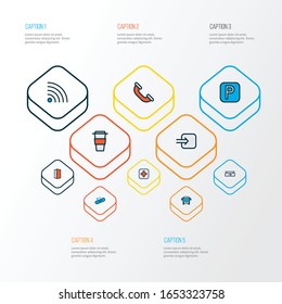 Information icons colored line set with parking sign, way in, door and other steps down elements. Isolated vector illustration information icons.