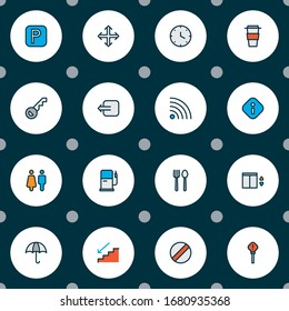 Information icons colored line set with restaurant, elevator, parking sign and other umbrella elements. Isolated vector illustration information icons.