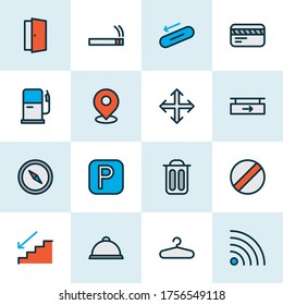 Iconos de información coloridos con wifi, señal de estacionamiento, humo y otros elementos de armario. Iconos aislados de información de ilustraciones vectoriales.
