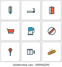 Information Icons farbige Linie gesetzt mit Rauch, Aufzug, Zeichen und andere Vorsicht Elemente. Isolierte Vektorgrafik-Informationssymbole.