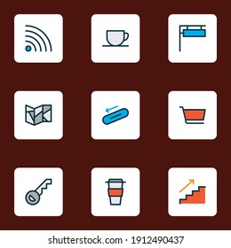 Information icons colored line set with staircase, escalator, key and other opener elements. Isolated vector illustration information icons.
