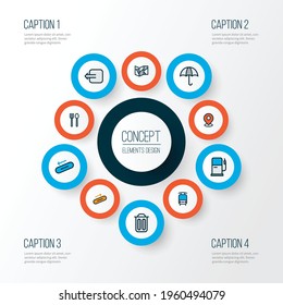 Information icons colored line set with way out, pin, garbage and other location elements. Isolated vector illustration information icons.