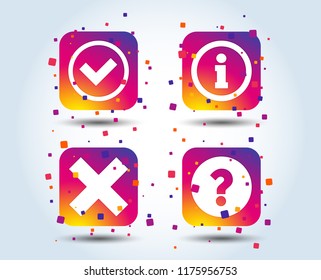Information icons. Delete and question FAQ mark signs. Approved check mark symbol. Colour gradient square buttons. Flat design concept. Vector