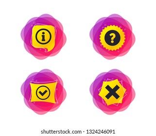 Information icons. Delete and question FAQ mark signs. Approved check mark symbol. Geometric gradient sales shapes. Creative banners. Template for design. Vector