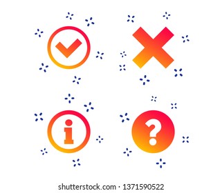 Information icons. Delete and question FAQ mark signs. Approved check mark symbol. Random dynamic shapes. Gradient info icon. Vector