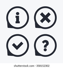 Information icons. Delete and question FAQ mark signs. Approved check mark symbol. Flat icon pointers.