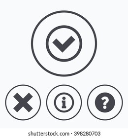 Information icons. Delete and question FAQ mark signs. Approved check mark symbol. Icons in circles.