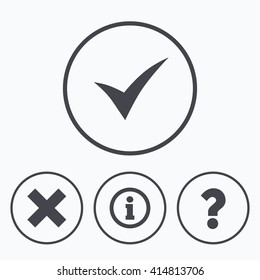 Information icons. Delete and question FAQ mark signs. Approved check mark symbol. Icons in circles.