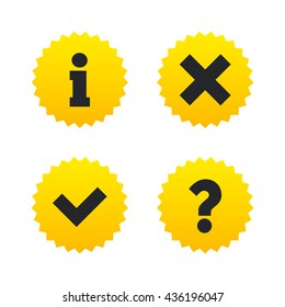 Information icons. Delete and question FAQ mark signs. Approved check mark symbol. Yellow stars labels with flat icons. Vector