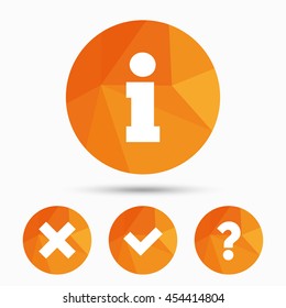 Information icons. Delete and question FAQ mark signs. Approved check mark symbol. Triangular low poly buttons with shadow. Vector