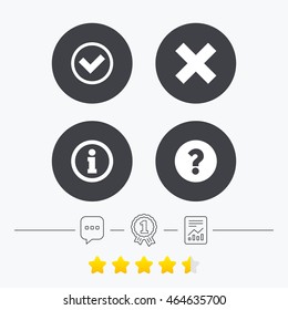 Information icons. Delete and question FAQ mark signs. Approved check mark symbol. Chat, award medal and report linear icons. Star vote ranking. Vector