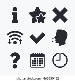 Information icons. Delete and question FAQ mark signs. Approved check mark symbol. Wifi internet, favorite stars, calendar and clock. Talking head. Vector