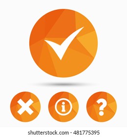 Information icons. Delete and question FAQ mark signs. Approved check mark symbol. Triangular low poly buttons with shadow. Vector