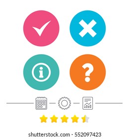 Information icons. Delete and question FAQ mark signs. Approved check mark symbol. Calendar, cogwheel and report linear icons. Star vote ranking. Vector