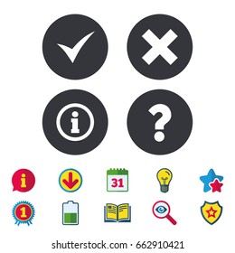 Information icons. Delete and question FAQ mark signs. Approved check mark symbol. Calendar, Information and Download signs. Stars, Award and Book icons. Light bulb, Shield and Search. Vector