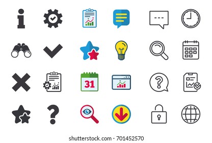 Information icons. Delete and question FAQ mark signs. Approved check mark symbol. Chat, Report and Calendar signs. Stars, Statistics and Download icons. Question, Clock and Globe. Vector