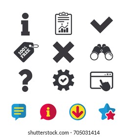 Information icons. Delete and question FAQ mark signs. Approved check mark symbol. Browser window, Report and Service signs. Binoculars, Information and Download icons. Stars and Chat. Vector