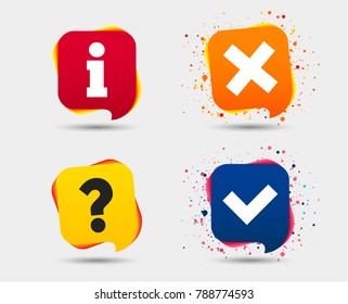 Information icons. Delete and question FAQ mark signs. Approved check mark symbol. Speech bubbles or chat symbols. Colored elements. Vector