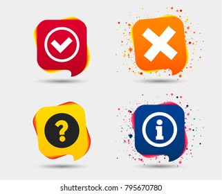 Information icons. Delete and question FAQ mark signs. Approved check mark symbol. Speech bubbles or chat symbols. Colored elements. Vector