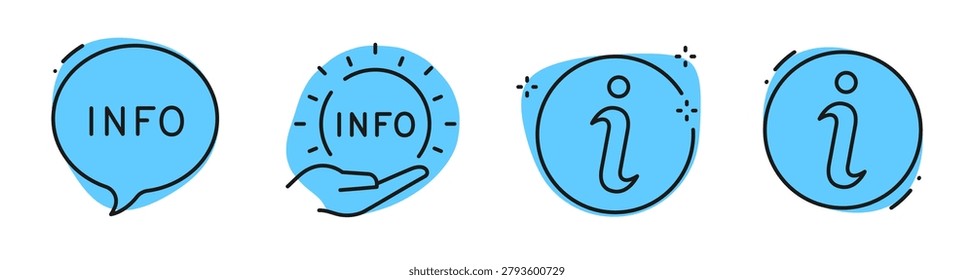 Information icons grouped in circular and speech bubble layout. Editable stroke