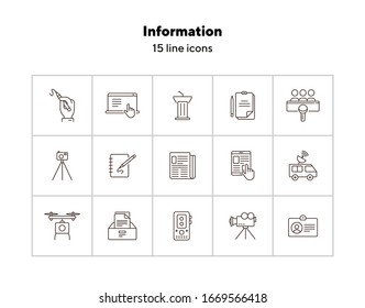 Information icons. Line icons collection on white background. News, cinema, broadcast. Media concept. Vector illustration can be used for topic like promotion, technology, communication