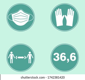 Information icons on social distance, wearing a mask, washing hands and temperature. Vector graphics.