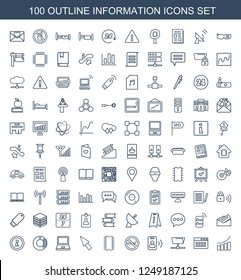 information icons. Set of 100 outline information icons included graph, browser window, folder on white background. Editable information icons for web, mobile and infographics.