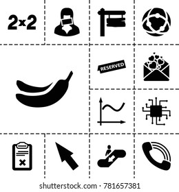 Information icons. set of 13 editable filled information icons such as banana, direction board, cpu, love letter, call, clipboard, censored woman, network connection, reserved