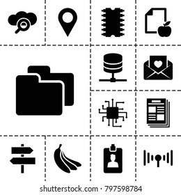 Information icons. set of 13 editable filled information icons such as location, paper and apple, cpu, love letter, newspaper, server, search cloud, clipboard, signal, cpu