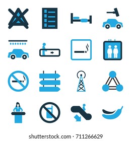 Information icons set. set of 16 information bi-color icons such as connection, signal tower, elevator, escalator, escalator down, no phone, smoking area, no smoking