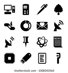 Information icons. set of 16 editable filled information icons such as pin, clamp, cpu, love letter, pie chart, flash drive, network connection, server, pc, satellite