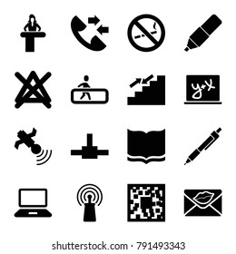 Information icons. set of 16 editable filled information icons such as airport desk, no bleaching, book, qr code, love letter, signal, satellite, network connection, escalator