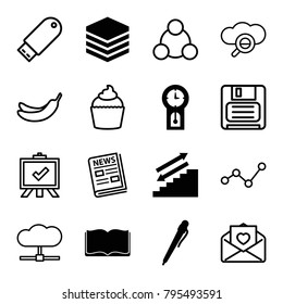 Information icons. set of 16 editable filled and outline information icons such as pen, stairs, archive, pendulum, banana, board, muffin, love letter, graph, diskette svg