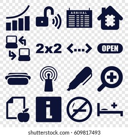 Information icons set. set of 16 information filled icons such as arrival table, graph, paper and apple, signal, medical bed, zoom in, open, hot dog, opened security lock, pen