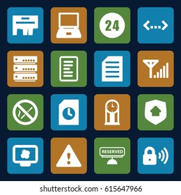 Information icons set. set of 16 information filled icons such as document, reserved, security lock, home security, warning, no smoking, mobile signal, 24 hours, pendulum, ad