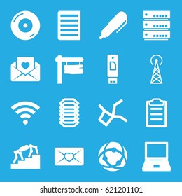 Information icons set. set of 16 information filled icons such as signal tower, direction board, love letter, disc on fire, document, clipboard, wi-fi, pen, electric circuit