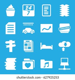 Information icons set. set of 16 information filled icons such as car wash, book, muffin, folder with heart, censored, music folder, document, cpu, 24 7 hour, chart, newspaper