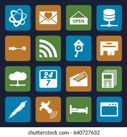Information icons set. set of 16 information filled icons such as bed, pen, love letter, wi-fi, satellite, letter, open plate, electric circuit, 24 7 hour, pendulum, ad