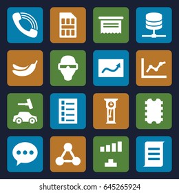 Information icons set. set of 16 information filled icons such as document, banana, car wash, signal, call, sim card, pendulum, chart, man in smart glasses, cpu, chat, server