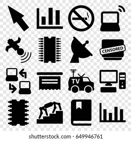 Information icons set. set of 16 information filled icons such as no smoking, satellite, laptop, tv van, censored, pc, cpu, book, laptop connection, pointer, chart, stairs
