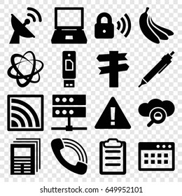 Information icons set. set of 16 information filled icons such as pen, call, clipboard, wi-fi, security lock, banana, satellite, newspaper, direction, laptop, warning