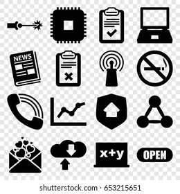 Information icons set. set of 16 information filled icons such as no smoking, love letter, signal, call, clipboard, news, open, home security, electric circuit, cpu, laptop