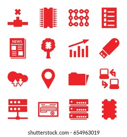 Information icons set. set of 16 information filled icons such as document, news, flash drive, folder, laptop connection, cpu, electric circuit, chart, cloud download upload