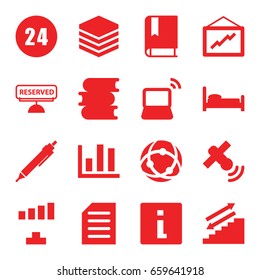 Information icons set. set of 16 information filled icons such as book, signal, pen, graph, laptop, document, reserved, satellite, 24 hours, info, chart, bed