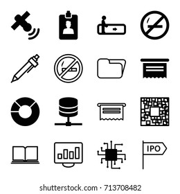 Information icons set. set of 16 information filled and outline icons such as escalator, clipboard, satellite, pie chart, cpu, pen, direction, document, qr code, server