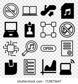 Information icons set. set of 16 information filled and outline icons such as escalator up, laptop, memory card with music, clipboard, glued note, document, no smoking