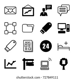 Information icons set. set of 16 information filled and outline icons such as graph, direction board, man with chat bubblle, flash drive, pc, 24 hours, cpu in tree