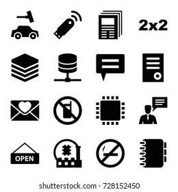 Information icons set. set of 16 information filled icons such as no phone, car wash, document, love letter, man with chat bubblle, open plate, notebook, usb signal, cpu