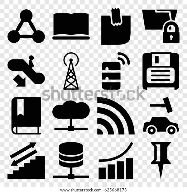Information icons set. set of 16\
information filled icons such as signal tower, escalator down, car\
wash, graph, pin, wi-fi, diskette, glued note, book, server,\
cloud