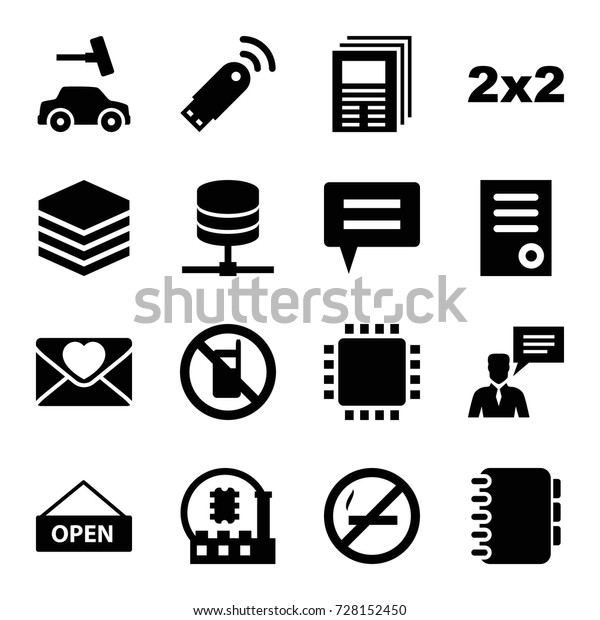 Information icons set. set of\
16 information filled icons such as no phone, car wash, document,\
love letter, man with chat bubblle, open plate, notebook, usb\
signal, cpu